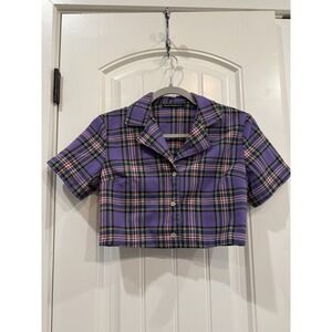 Brandy‎ Melville Womens Shirt S Purple Plaid Cropped Button Up Grunge